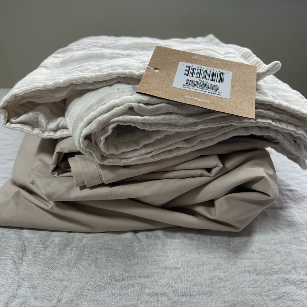 Brooklinen Luxe Core Queen Sheets + 100% Linen Shams in Pebble Gray NWT $289